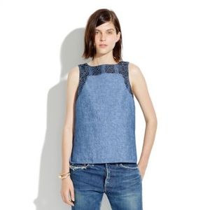 Madewell indigo linen chambray embroidered tank